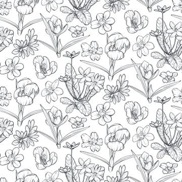 Vector seamless pattern with hand drawn spring flowers and leaves Stock Illustration
