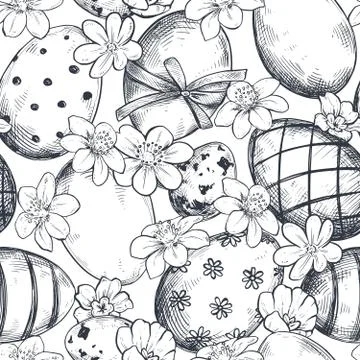Vector seamless pattern with hand drawn ornate Easter eggs and spring flowers. Illustrazione stock