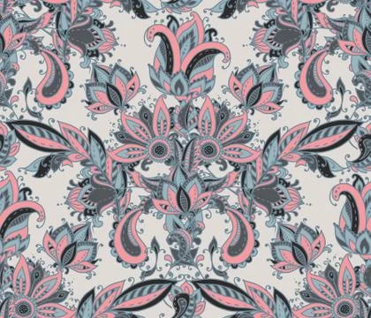 Vector seamless pattern with hand drawn paisley floral elements. Stock Illustration