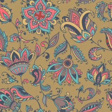 Vector seamless pattern with hand drawn paisley floral elements. Illustrazione stock