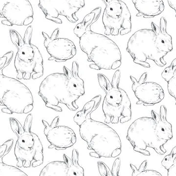 Vector seamless pattern with hand drawn rabbits. Stock Illustration