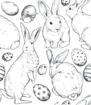Vector seamless pattern with hand drawn rabbits and Easter eggs. Stock Illustration