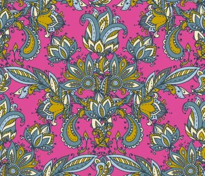 Vector seamless pattern with hand drawn paisley floral elements. Stock Illustration