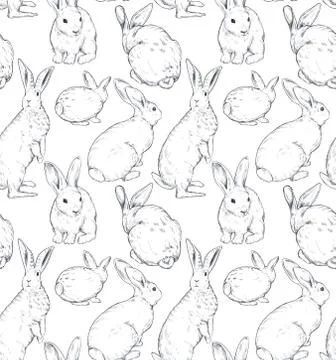 Vector seamless pattern with hand drawn rabbits. Stock Illustration