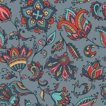 Vector seamless pattern with hand drawn paisley floral elements. Illustrazione stock