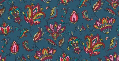 Vector seamless pattern with hand drawn paisley floral elements. Stock Illustration