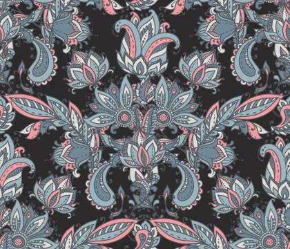 Vector seamless pattern with hand drawn paisley floral elements. イラスト素材