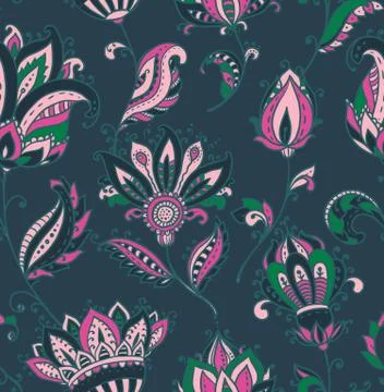 Vector seamless pattern with hand drawn paisley floral elements. Stock Illustration