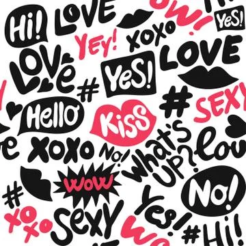 Vector seamless pattern with hand drawn words: XOXO, hearts, lips, yes, no... Stock Illustration