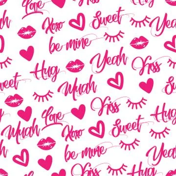 Vector seamless pattern with hand drawn words: XOXO, hearts, lips Stock Illustration