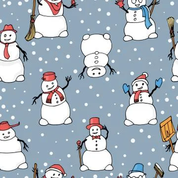 Vector seamless pattern with hand drawn cute snowmen Illustration