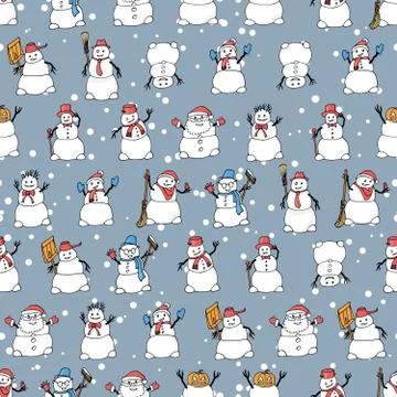 Vector seamless pattern with hand drawn cute snowmen Stockillustratie