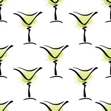 Vector seamless pattern with hand drawn glass of Margarita cocktail on white. Stock Illustration