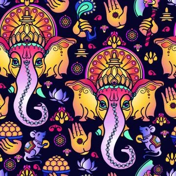 Vector seamless pattern of hand drawn Hindu God Ganesha. Illustrazione stock