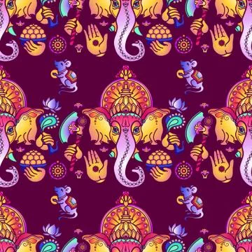 Vector seamless pattern of hand drawn Hindu God Ganesha. Stock Illustration