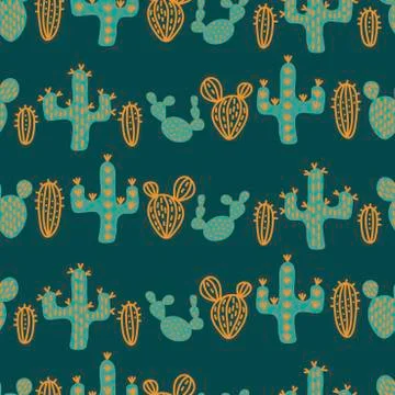 Vector seamless pattern with hand drawn cactuses . Design for fabric, textile Stock Illustration