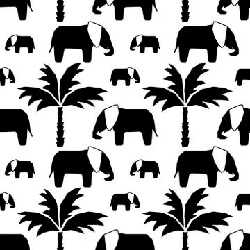Vector Seamless pattern with hand drawn silhouette elephants and baby elephan Stock Illustration