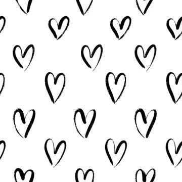 Vector seamless pattern with hand drawn brush hearts on white background. Stock Illustration