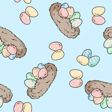 Vector seamless pattern with hand drawn bird nests with easter eggs. Comic st 스톡 일러스트