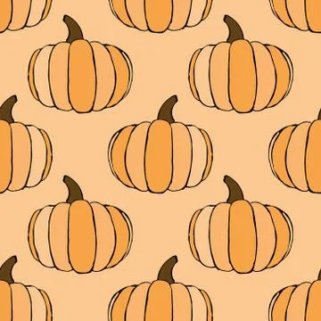 Vector seamless pattern with hand drawn outline pumpkins Stock Illustration