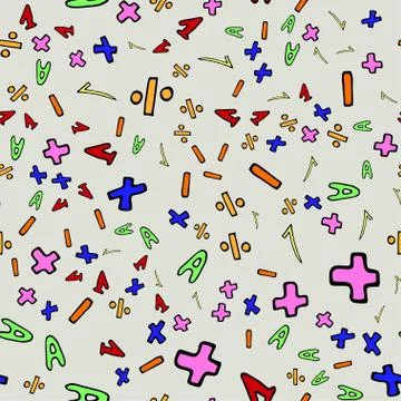 Vector seamless pattern with hand drawn colorful numbers and signs. Stock Illustration