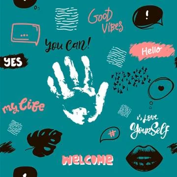 Vector seamless pattern with hand drawn palm, lips,leaves, lettering: love Yo Stock Illustration