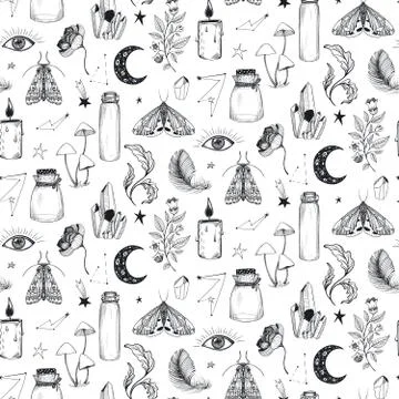 Vector seamless pattern with hand drawn mystical magic boho elements on white. Illustrazione stock