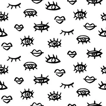 Vector seamless pattern with hand drawn lips and eyes Illustrazione stock