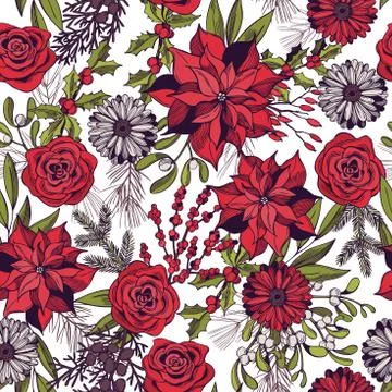 Vector  seamless pattern with hand drawn Christmas plants and flowers. Stock Illustration