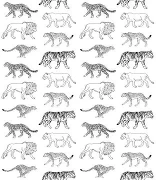 Vector seamless pattern of hand drawn wild cats Stock Illustration