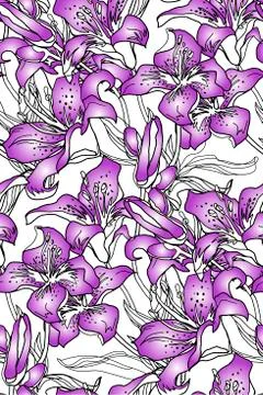 Vector Seamless pattern with hand drawn leaves and flowers Lily. Stock Illustration