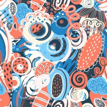 Vector seamless pattern with hand drawn abstract shapes, scribbles, spirales. Illustrazione stock