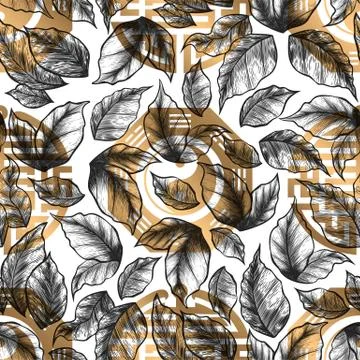 Vector seamless pattern with hand drawn leaves and golden asia symbols isolat Stock Illustration