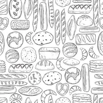 Vector seamless pattern  with hand drawn  bread. Illustrazione stock