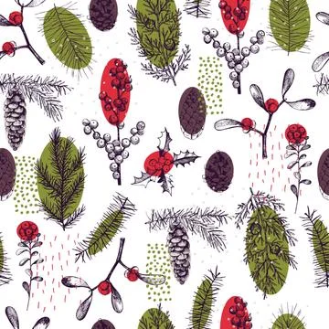 Vector  seamless pattern with hand drawn Christmas plants Stock Illustration