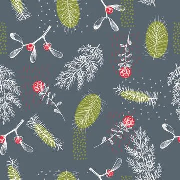 Vector  seamless pattern with hand drawn Christmas plants Stock Illustration