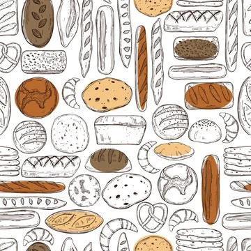 Vector seamless pattern  with hand drawn  bread. 스톡 일러스트