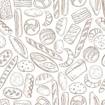 Vector seamless pattern  with hand drawn  bread. Stock Illustration