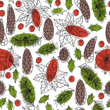 Vector  seamless pattern with hand drawn Christmas plants Stock Illustration