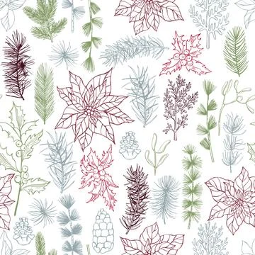 Vector  seamless pattern with hand drawn Christmas plants Stock Illustration