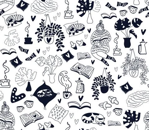 Vector seamless pattern of hand-drawn doodle cozy home outline elements. Stock Illustration
