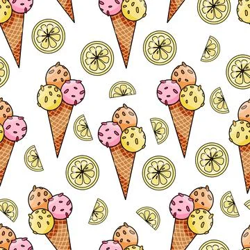Vector seamless pattern with hand drawn ice cream and lemon slices Stock Illustration