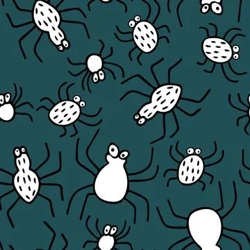 Vector seamless pattern with hand drawn cute spiders on blue background Stock Illustration