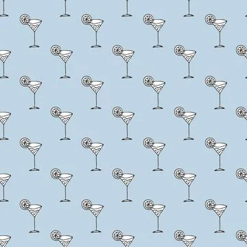 Vector seamless pattern with hand drawn cocktail on blue background Stock Illustration