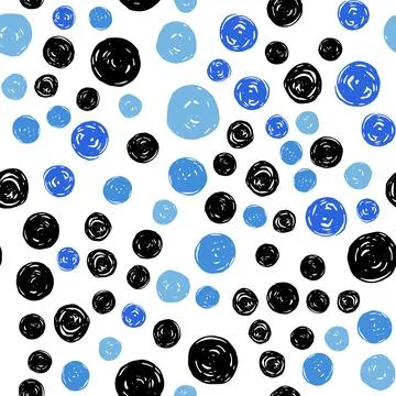 Vector seamless pattern with hand drawn black and blue abstract circles on wh Stock Illustration