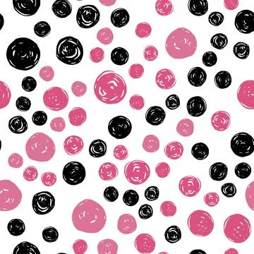 Vector seamless pattern with hand drawn black and pink abstract circles on wh Illustrazione stock