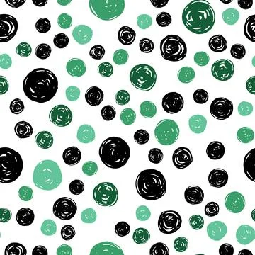 Vector seamless pattern with hand drawn black and green abstract circles on w Illustrazione stock