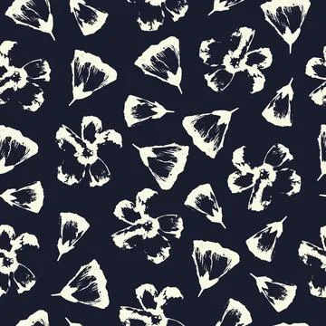 Vector seamless pattern with hand-drawn flowers on dark blue background. Stock Illustration