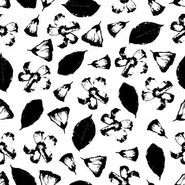 Vector seamless pattern with hand-drawn flowers and leaves on white backgroun Stock Illustration