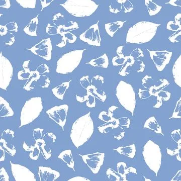 Vector seamless pattern with hand-drawn flowers and leaves on blue tender bac Stock Illustration